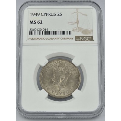 CYPRUS 2 SHILLINGS COIN 1949 UNC KGVI NGC MS62