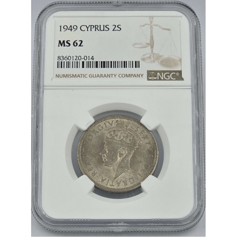 CYPRUS 2 SHILLINGS COIN 1949 UNC KGVI NGC MS62 WORLD COINS