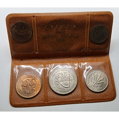 CYPRUS 1955 UNC SET OF LAST COINS OF BRITISH ADMINISTRATION QEII IN ORIGINAL WALLET