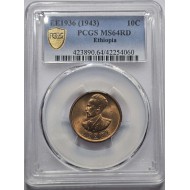 Ethiopia 10 cents 1936 (1943) RED UNC PCGS MS64 RD