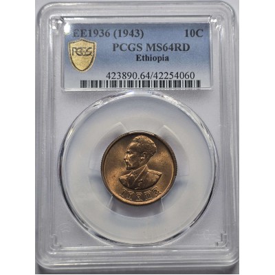 Ethiopia 10 cents 1936 (1943) RED UNC PCGS MS64 RD