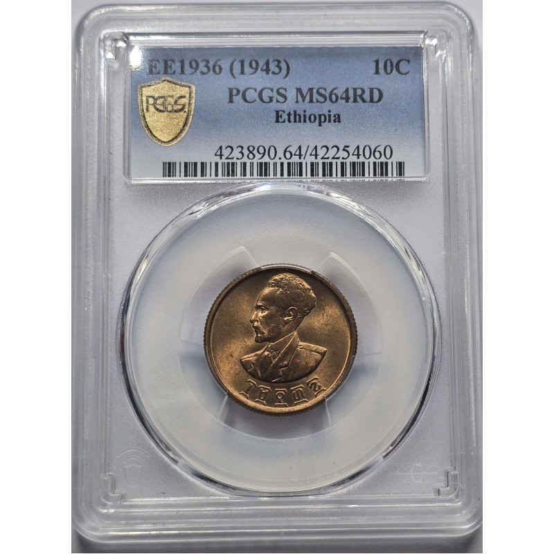 Ethiopia 10 cents 1936 (1943) RED UNC PCGS MS64 RD WORLD COINS