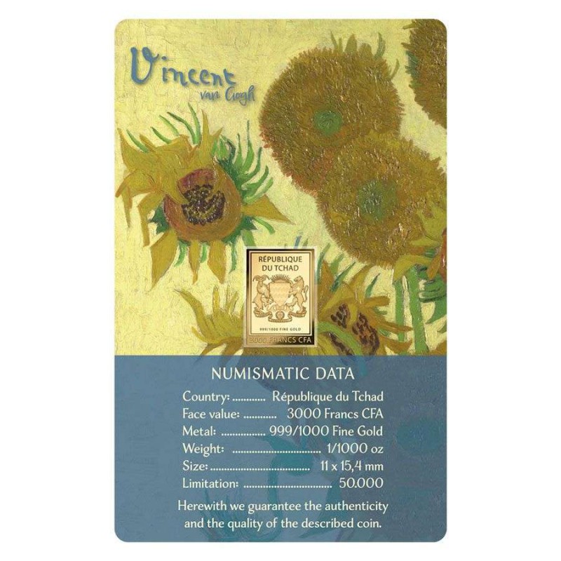 Van Gogh Sunflowers 1/1000 Oz Gold .999 Coin Chad GOLD AND SILVER BULLION