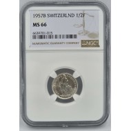 SWITZERLAND SILVER 1/2 FRANC 1957 B NGC MS66
