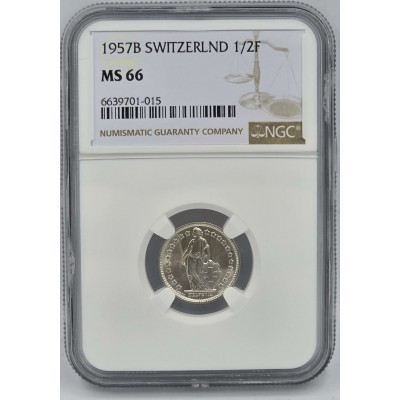 SWITZERLAND SILVER 1/2 FRANC 1957 B NGC MS66