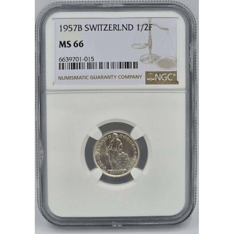 SWITZERLAND SILVER 1/2 FRANC 1957 B NGC MS66 WORLD COINS