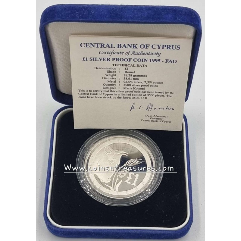 CYPRUS 1995 SILVER PROOF ONE POUND COIN FAO BULL WORLD COINS