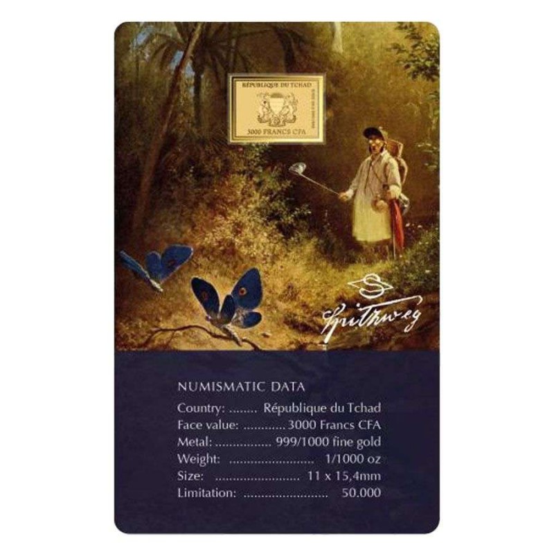 Carl Spitzweg Butterfly Hunter 1/1000 Oz Gold Coin 3000 Francs Chad 2024 GOLD AND SILVER BULLION