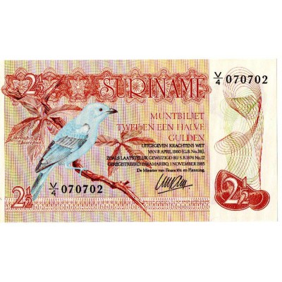 Suriname 1960 2 1/2 Gulden UNC Lizard & Afobaka bird P119