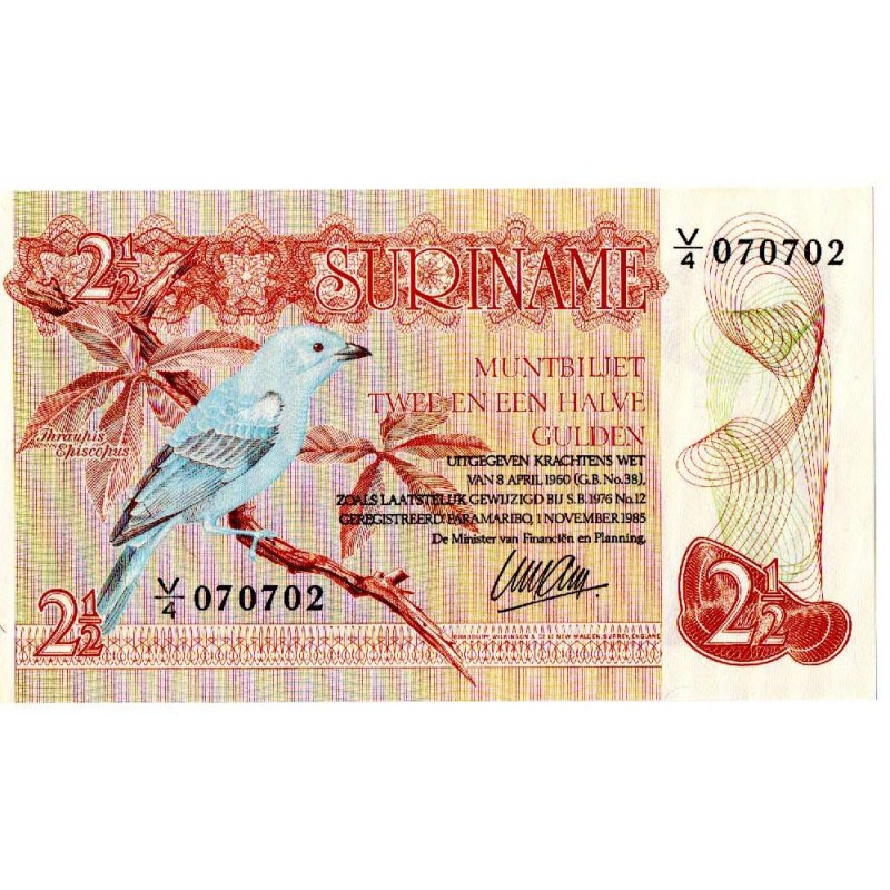 Suriname 1960 2 1/2 Gulden UNC Lizard & Afobaka bird P119 WORLD BANKNOTES