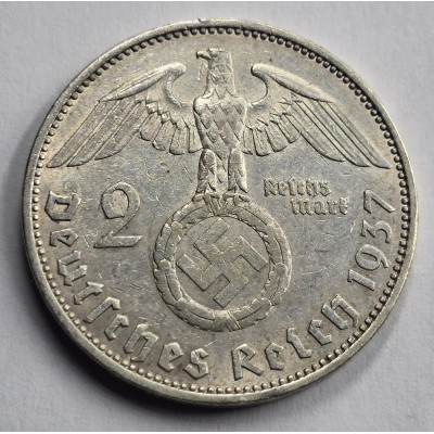 GERMANY WWII THIRD REICH 1937 SILVER  2 REICHSMARK HINDENBURG