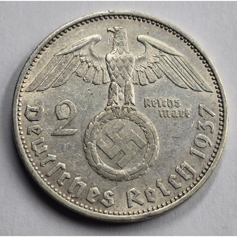 GERMANY WWII THIRD REICH 1937 SILVER  2 REICHSMARK HINDENBURG WORLD COINS