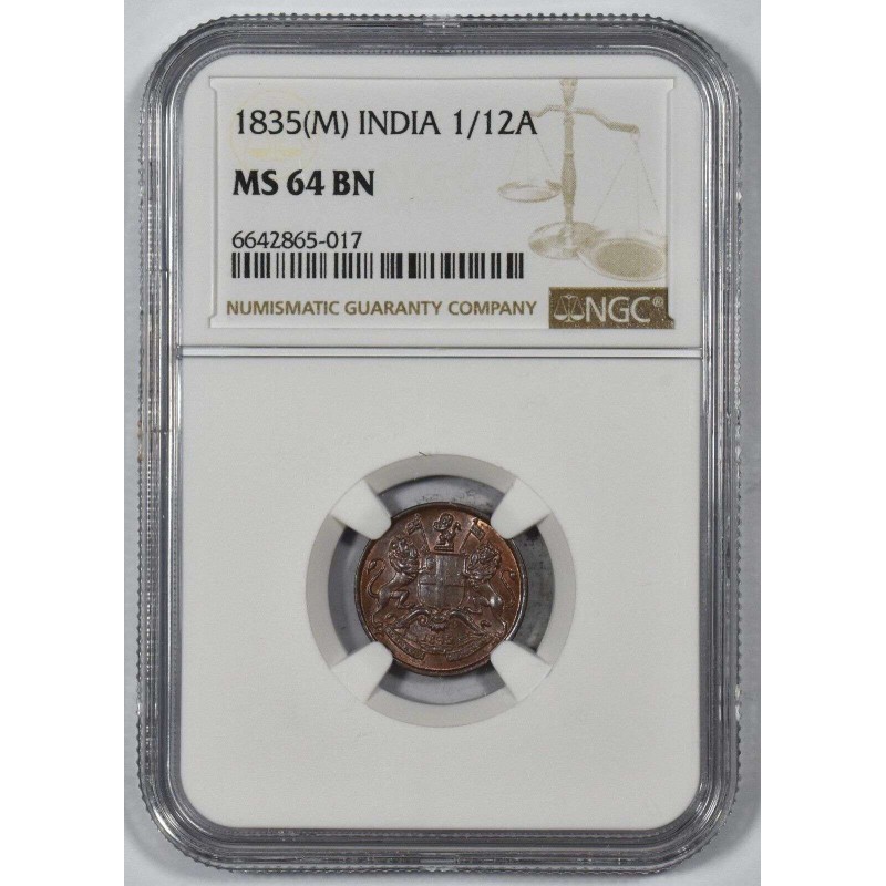British India 1835 1/12 Anna East India Company NGC MS64 WORLD COINS
