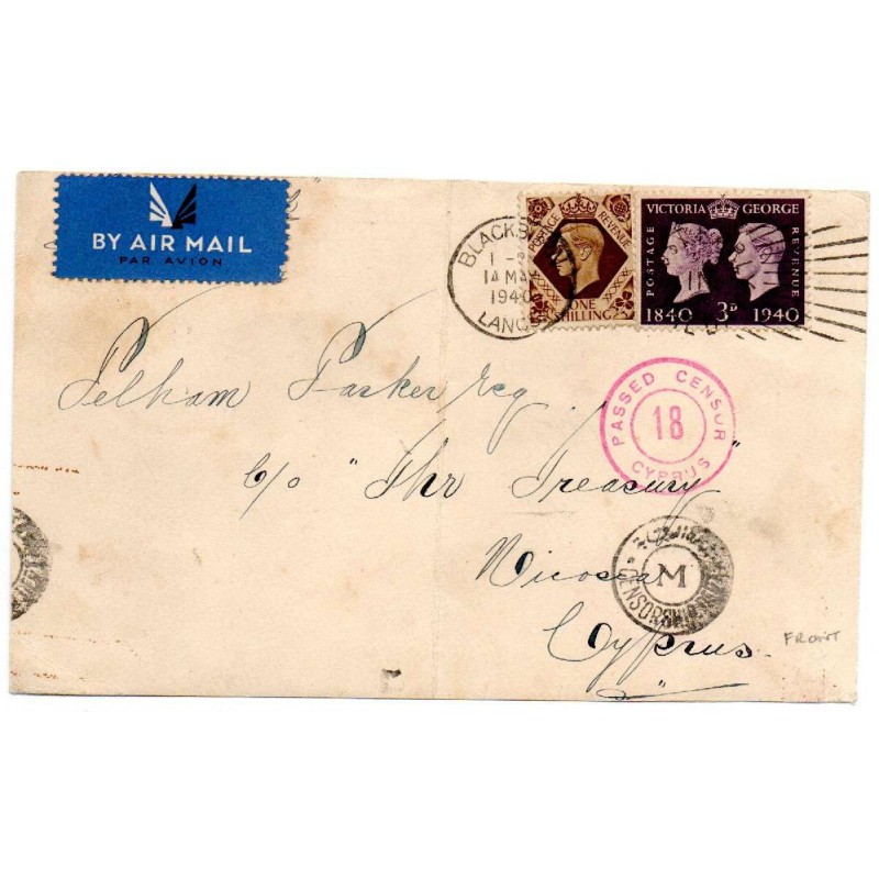 CYPRUS POSTAL HISTORY - KGVI 1940 CENSORED OPEN BY EXAMINER CENSOR 18 KENYA ENGLAND TO CYPRUS CYPRUS STAMPS