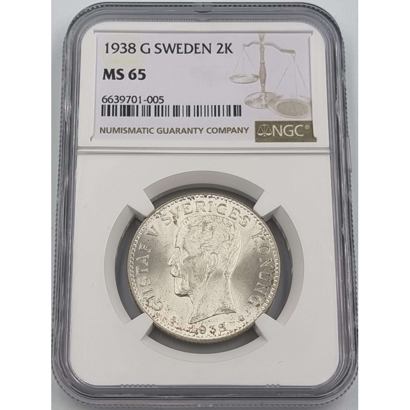 SWEDEN SILVER 2 KRONA 1938 G COIN GUSTAF V NGC MS65 WORLD COINS
