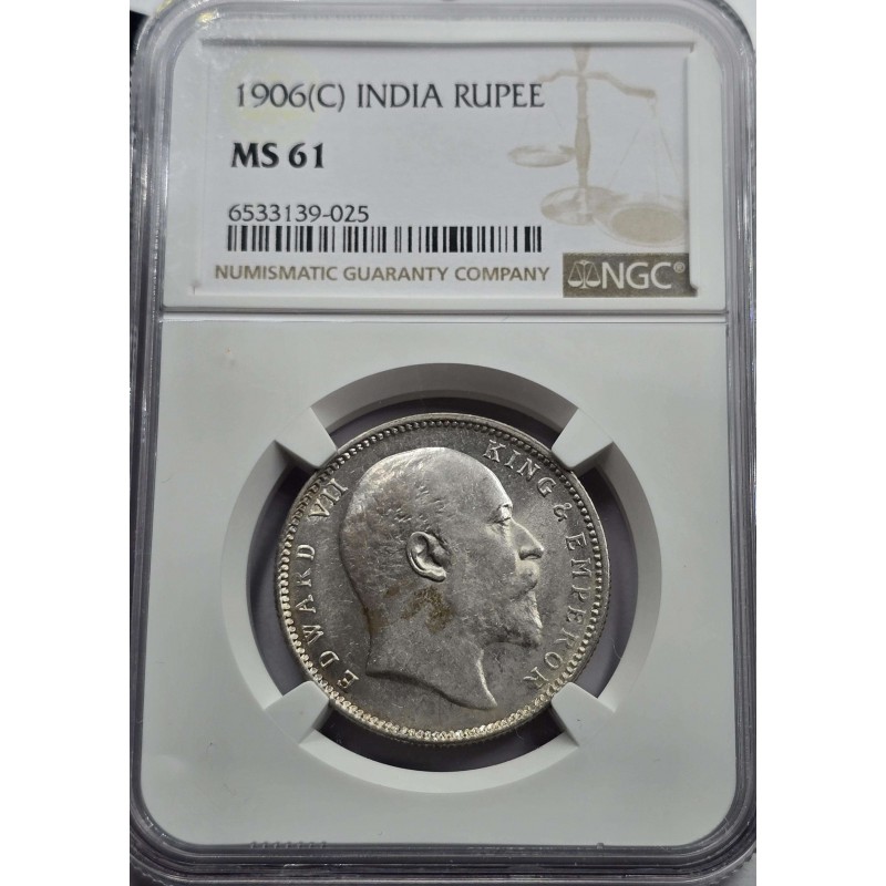 British India Silver 1 rupee 1906 C King Edward NGC MS61 WORLD COINS