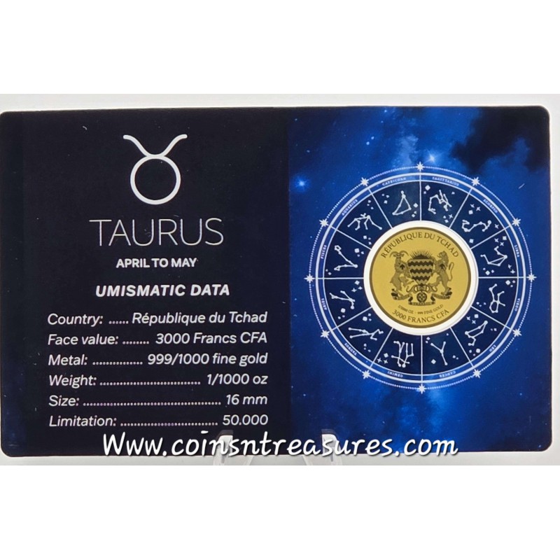 ZODIAC SIGNS TAURUS 1/1000 Oz Gold Coin 3000 Francs Chad GOLD AND SILVER BULLION