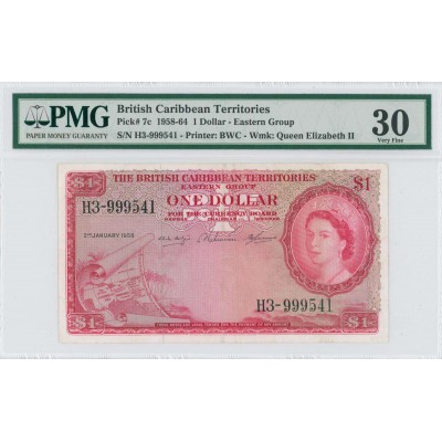BRITISH CARIBBEAN 1 dollar 1958-1964 QEII Banknote P7c PMG 30