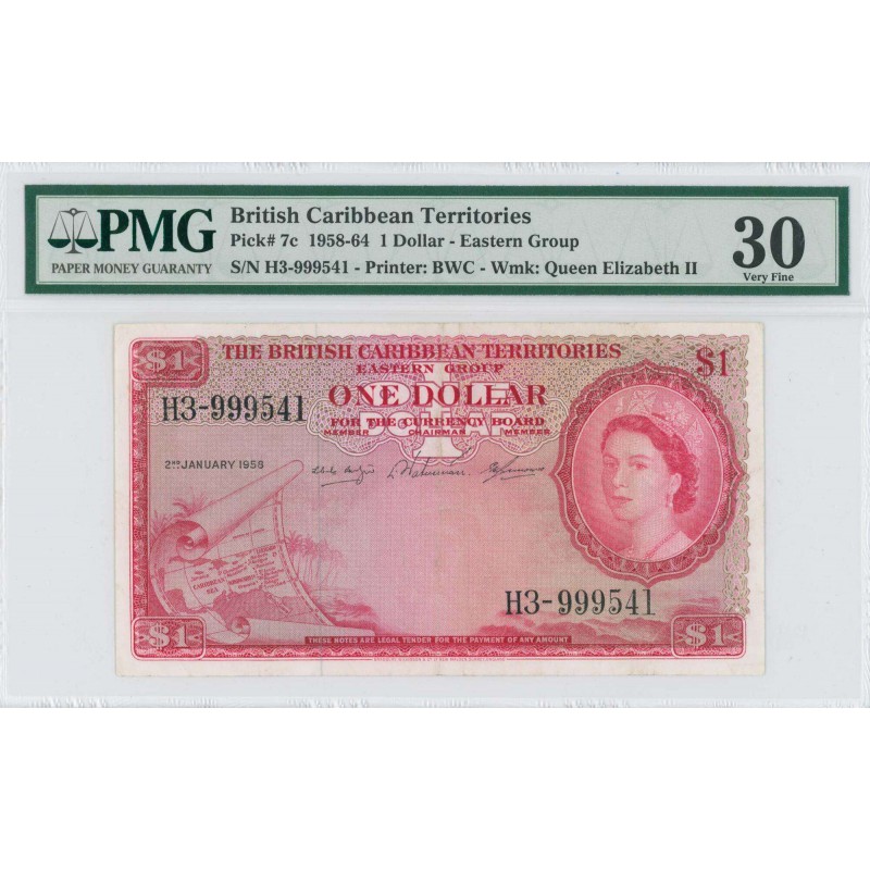 BRITISH CARIBBEAN 1 dollar 1958-1964 QEII Banknote P7c PMG 30 WORLD BANKNOTES