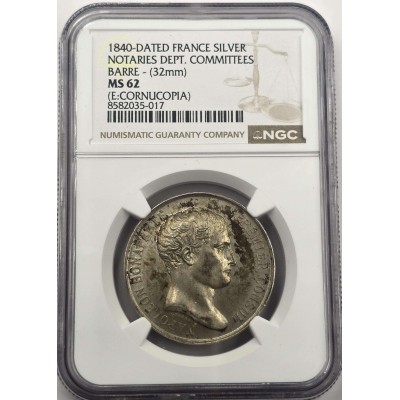 France Napoleon I Silver Medal 1840 Barre Notaries NGC MS62