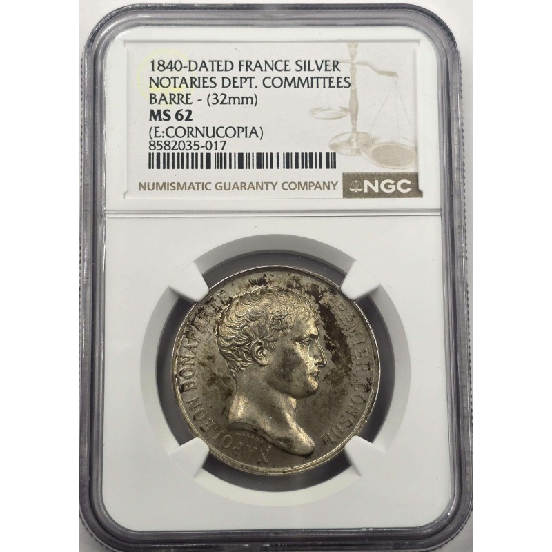 France Napoleon I Silver Medal 1840 Barre Notaries NGC MS62 WORLD COINS