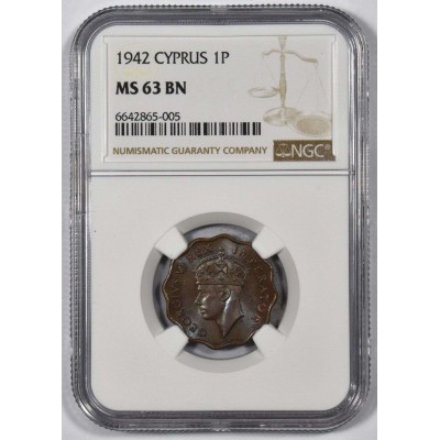 CYPRUS 1 PIASTRE 1942 COIN OF KGVI NGC MS63BN RARE