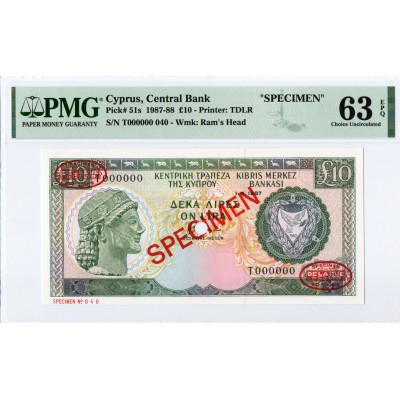 CYPRUS 10 POUNDS 1987-1988 SPECIMEN TDLR UNC PMG 63 EPQ p51S