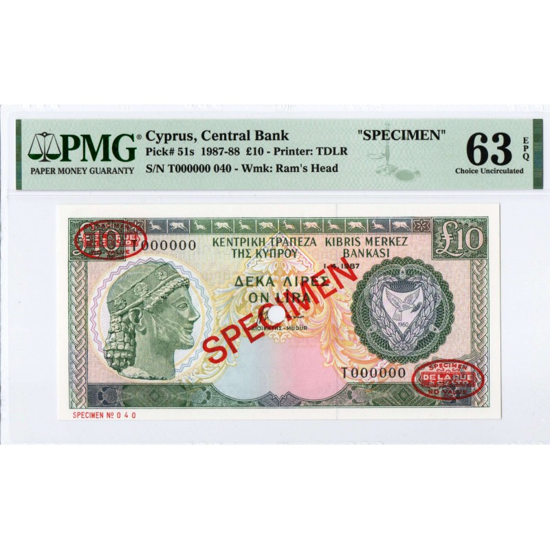 CYPRUS 10 POUNDS 1987-1988 SPECIMEN TDLR UNC PMG 63 EPQ p51S WORLD BANKNOTES