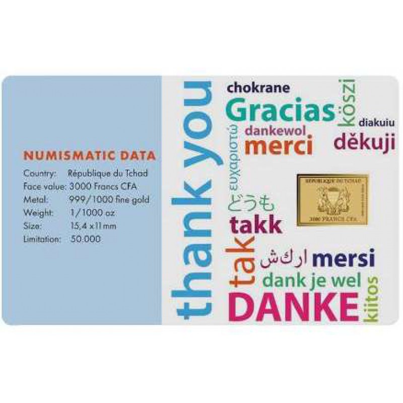 THANK YOU 1/1000 Oz .999 Gold Coin 3000 Francs Chad 2025 GOLD AND SILVER BULLION