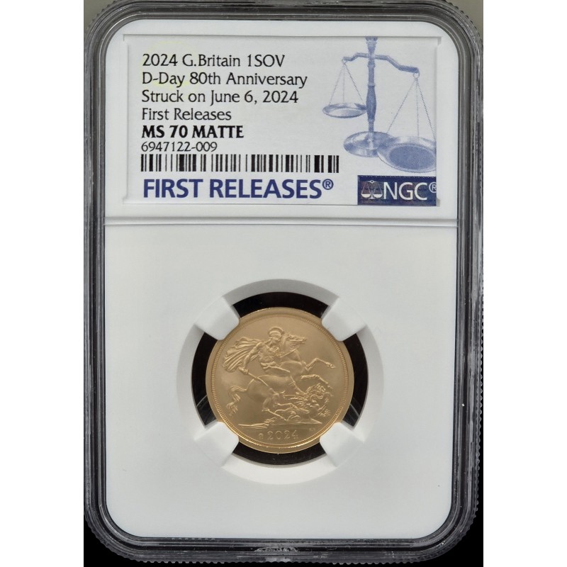 UK 2024 D-DAY Gold Sovereign Matte NGC MS70 Struck on the day WORLD COINS