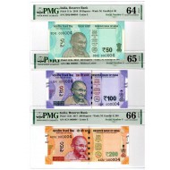 INDIA NEW 2016 - 2019 SET OF 200 100 50 RUPEES GEM UNC LOW SERIAL 4 PMG GRADED