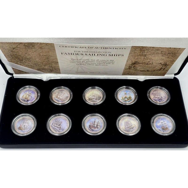 Famous Sailing Ships- set collection of 10 colored coins WORLD COINS