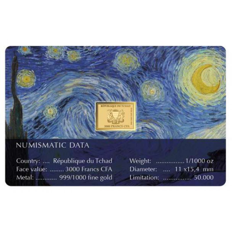 Vincent Van Gogh Starry Night 1/1000 Oz .999 Gold in Coin card GOLD AND SILVER BULLION