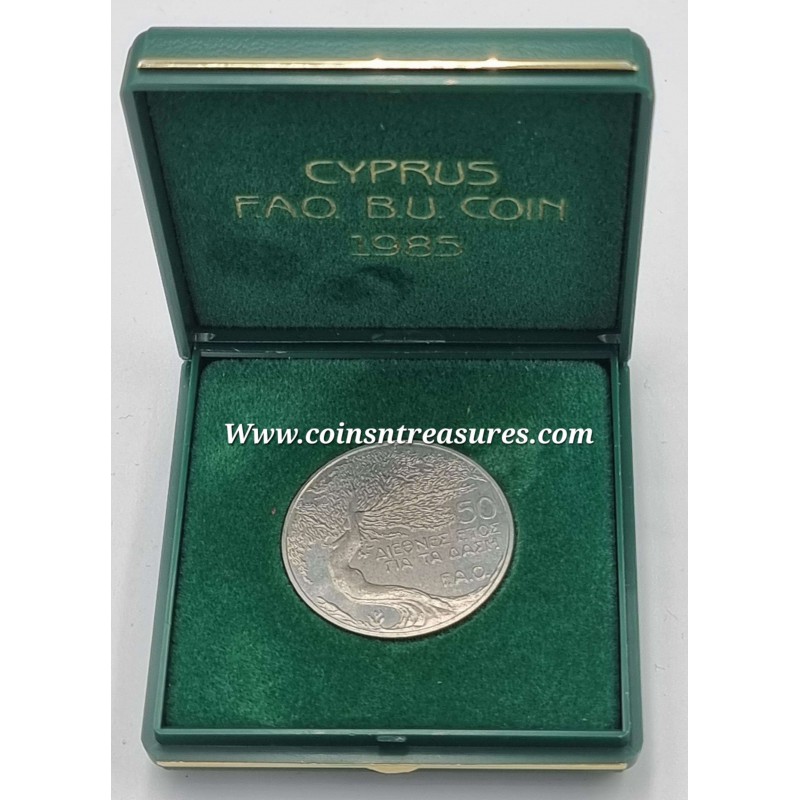 CYPRUS 1985 CUNI COIN 50 CENTS FAO SAVE THE FORESTS IN BOX WORLD COINS