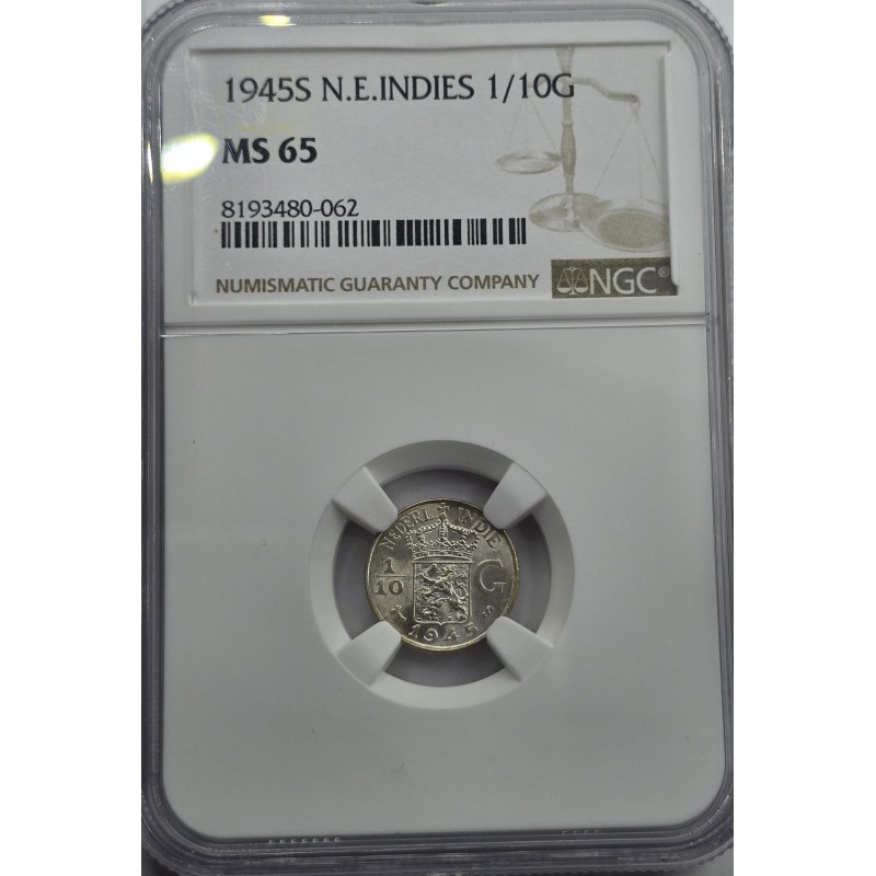 NETHERLANDS 1945 S COIN EAST INDIES 1/10 GULDEN NGC MS65 WORLD COINS