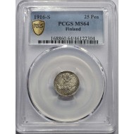 FINLAND SILVER 25 Pennia 1916 s PCGS MS64