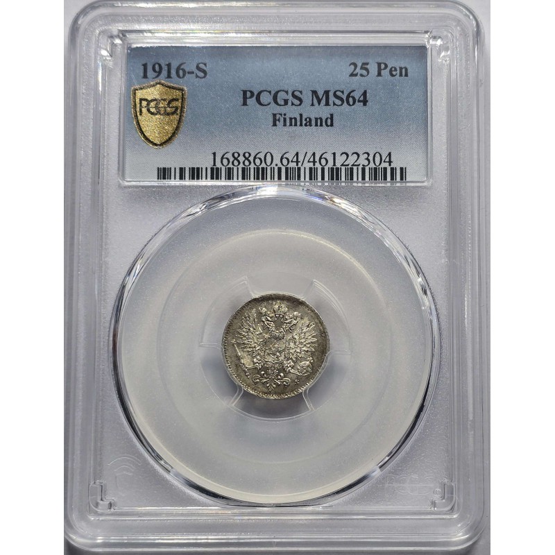 FINLAND SILVER 25 Pennia 1916 s PCGS MS64 WORLD COINS
