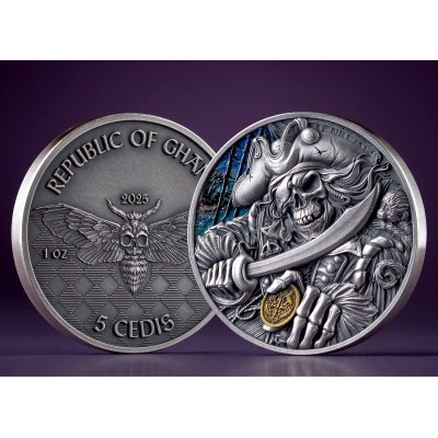 PIRATE Memento Mori 1 Oz Silver Coin 5 Cedis Ghana 2025