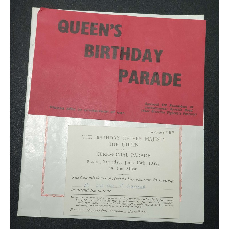 CYPRUS PERSONAL INVINTATION FOR CEREMONIAL PARADE QUEEN ELIZABETH BIRTHDAY 1959 ANTIQUES & OTHER COLLECTIBLES