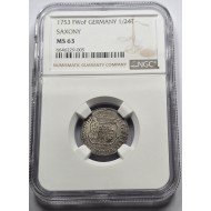 GERMANY 1753 FWof COIN 1/24 THALER SAXONY NGC MS63