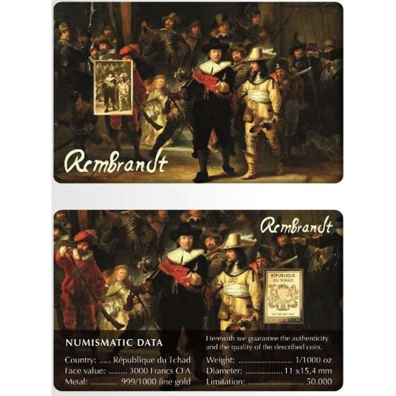 Nightwatch By Rembrandt 1/1000 Oz 999 Gold Coin Bar GOLD AND SILVER BULLION