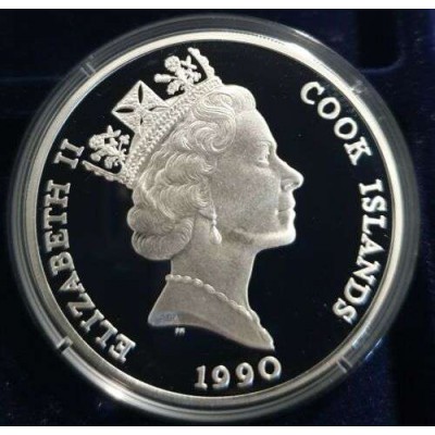 Cook Islands 1990 Endangered wildlife Rhino 50 $ Silver Proof Cameo