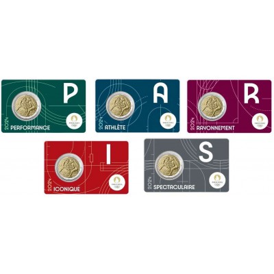 FRANCE 2024 2 Euro Olympic Games Paris BU COMPLETE 5 COIN CARDS