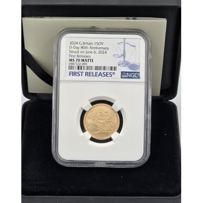 UK 2024 D-DAY Gold Sovereign Matte NGC MS70 Struck on the day