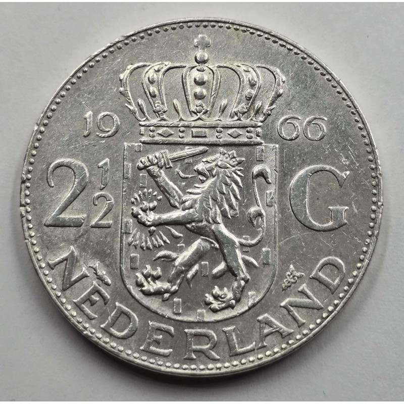 Netherlands 2 1/2 Gulden 1966 Silver Coin Juliana WORLD COINS