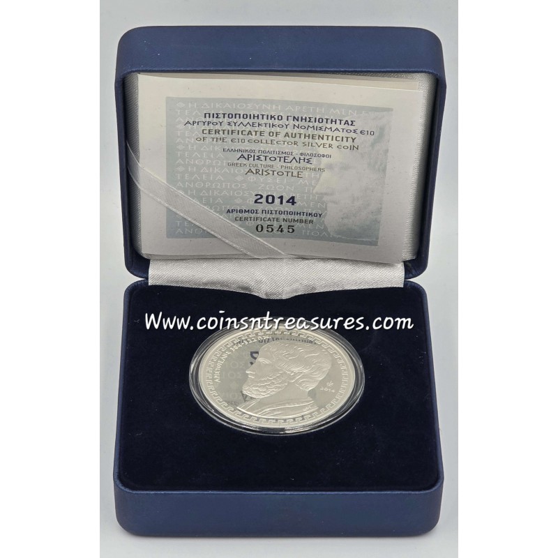 GREECE 2014 ARISTOTLE SILVER PROOF COIN 10 EURO ARISTOTELIS WORLD COINS