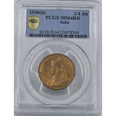 BRITISH INDIA 1/4 ANNA COIN 1930 B KGV PCGS MS64 RD