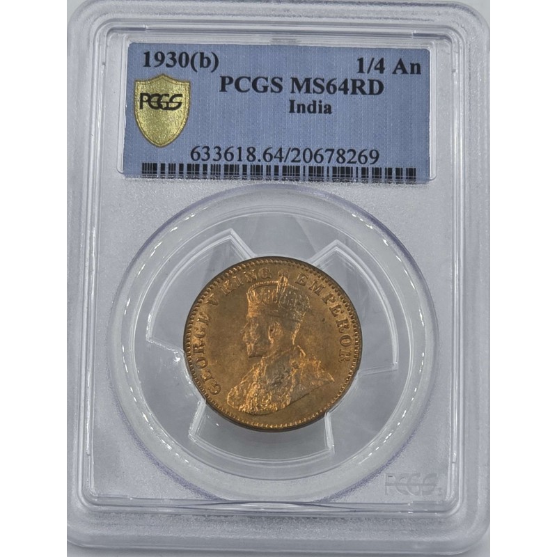 BRITISH INDIA 1/4 ANNA COIN 1930 B KGV PCGS MS64 RD WORLD COINS
