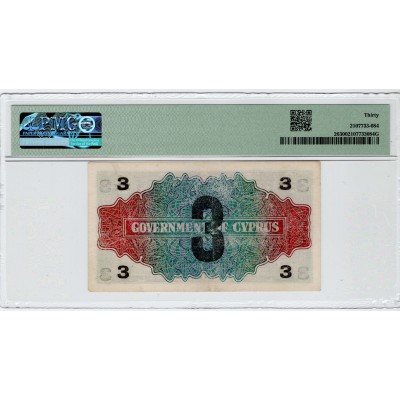 CYPRUS 3 PIASTRES BANKNOTE 1943 OVERPRINTED PMG 30 p26