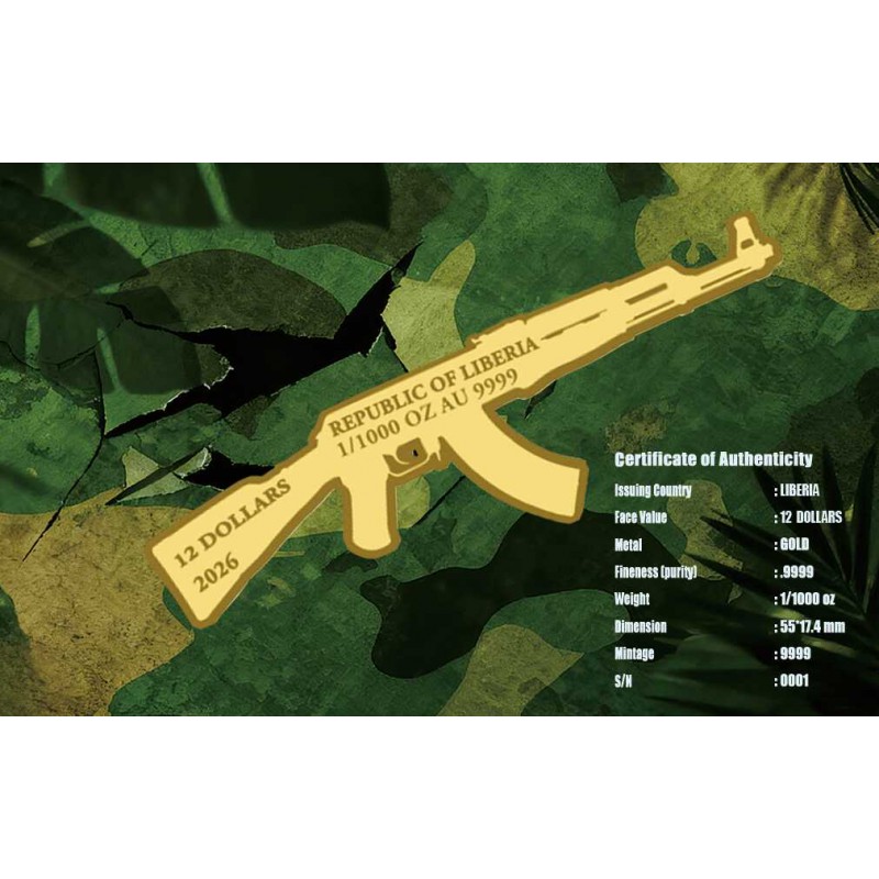 AK-47 Shaped 1/1000 Oz Gold Coin AK 47 Liberia 2026 GOLD AND SILVER BULLION